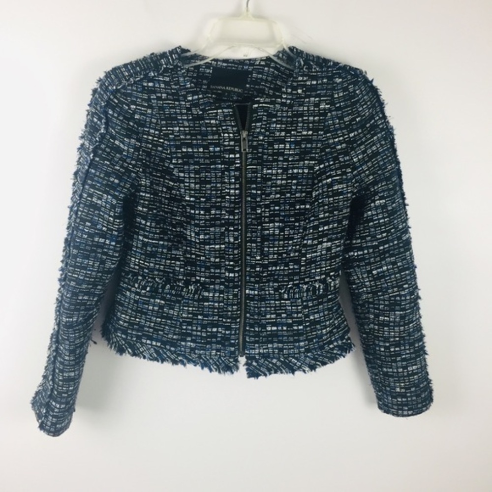 Banana Republic Black & Blue‎ Fringe Tweed Blazer 2